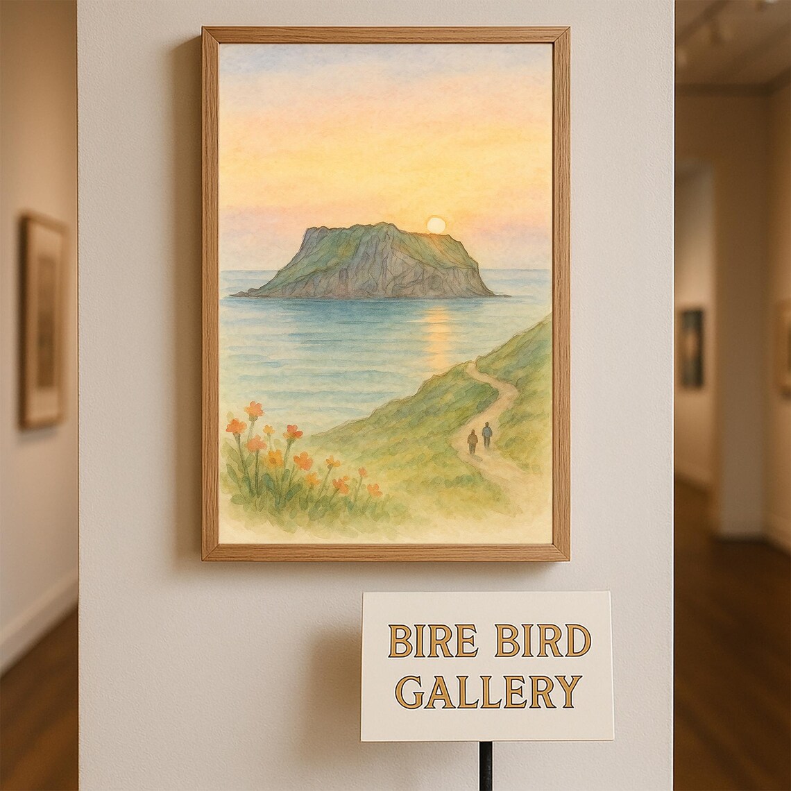 Sunrise Over Rocky Island Coast With Two Walkers Watercolor Poster