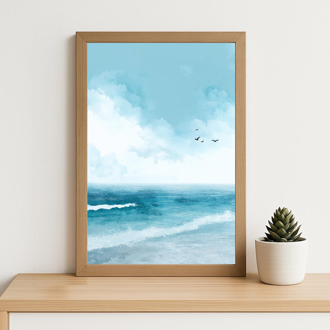 Serene Blue Ocean Waves Watercolor Coastal Calm Beach Wall Art