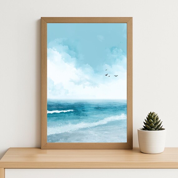 Tranquil Ocean Watercolor Wall Art Serene Beach Print In Blue For Coastal Bathroom Zen Living Room Or Relaxing Meditation Space