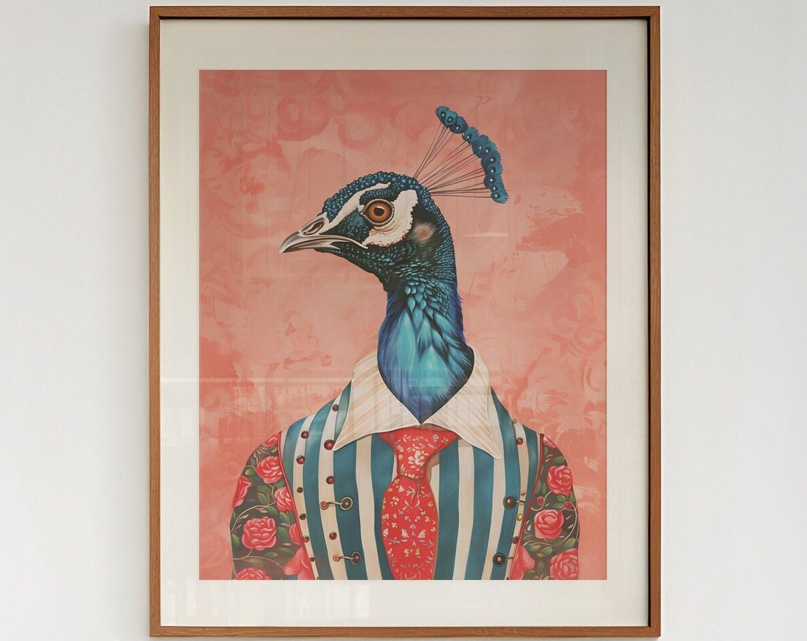 Dapper Peacock Wearing A Striped Suit With Red Tie Art Poster - Image 2