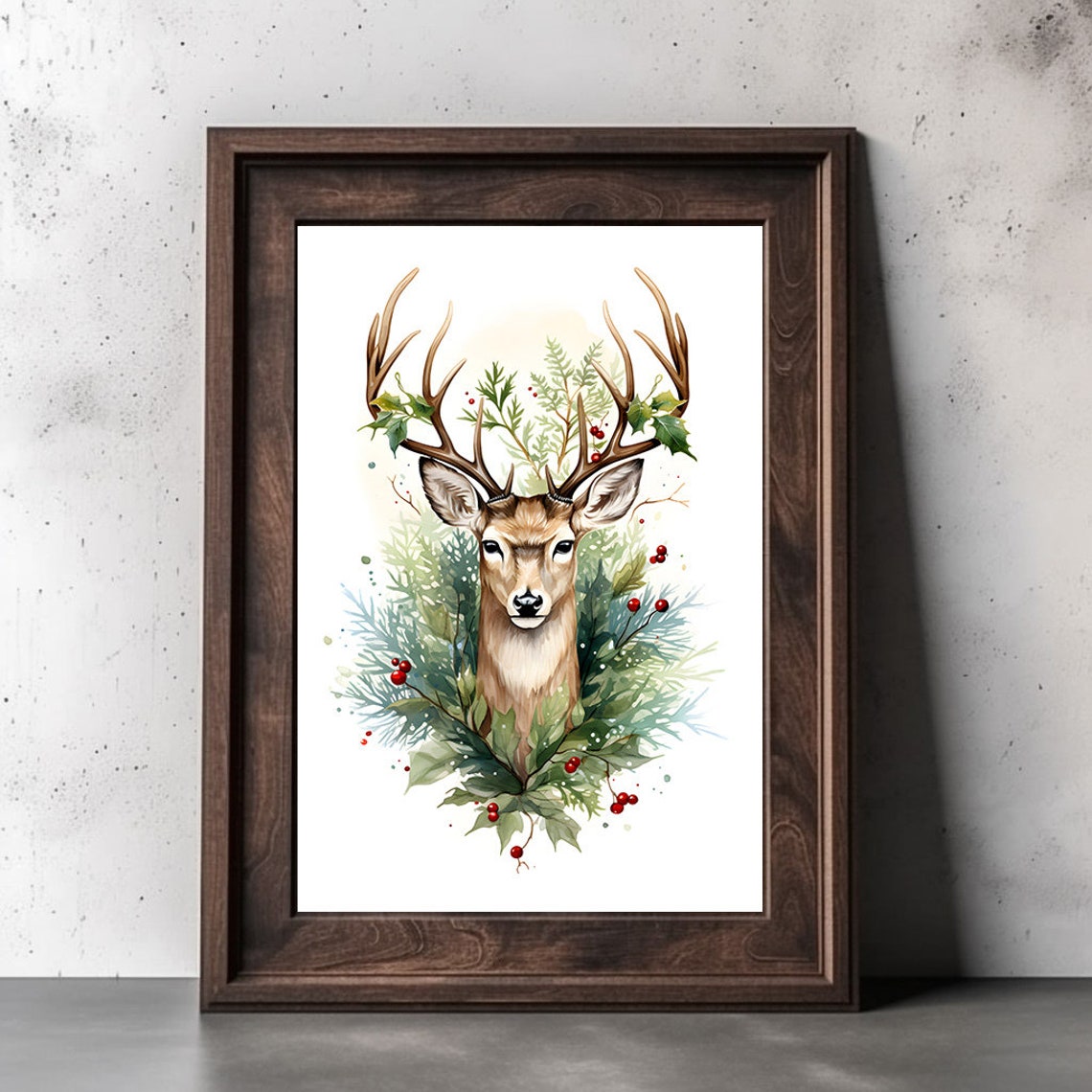 Watercolor Deer With Holly Berries And Evergreens Christmas Poster - Image 2