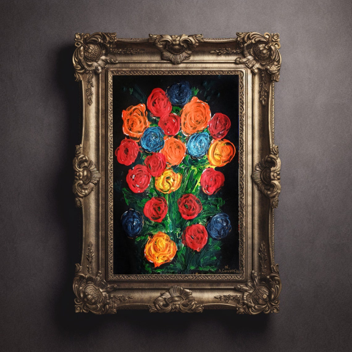 Colorful Rose Bouquet Impasto Oil Painting on Black Background Poster - Image 3