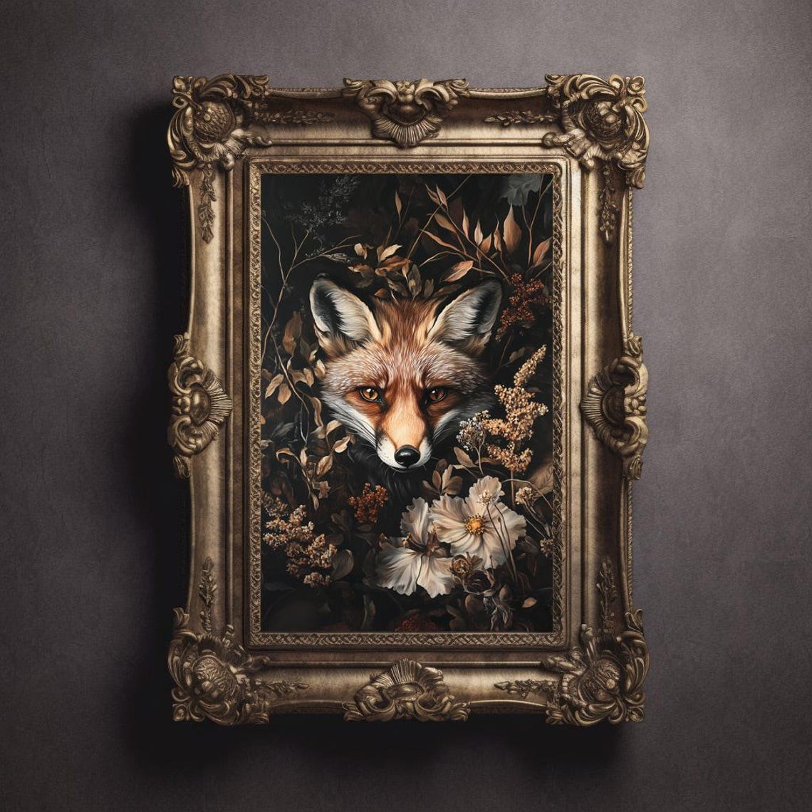 Red Fox Dark Botanical Golden Foliage Wildflower Forest Art Poster - Image 3
