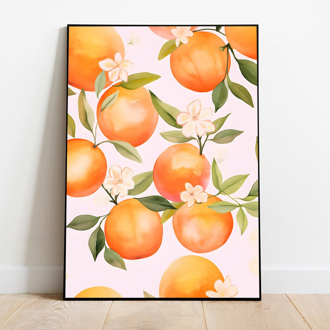 Juicy Orange Pattern Watercolor Blossoms Fruit Kitchen Poster