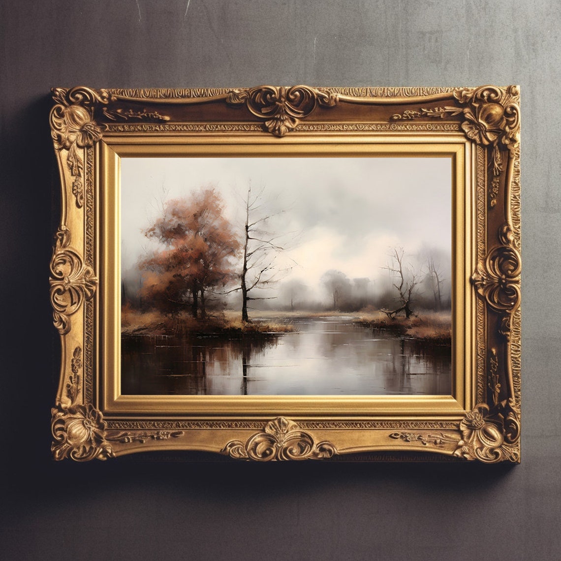 Misty River Autumn Trees Moody Fall Landscape Painting Poster - Image 2