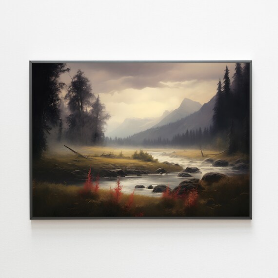 Moody Landscape Painting Dark Mountain Art Print Dark Scenery Oil Painting Landscape Wall Art Rustic Print Digitam