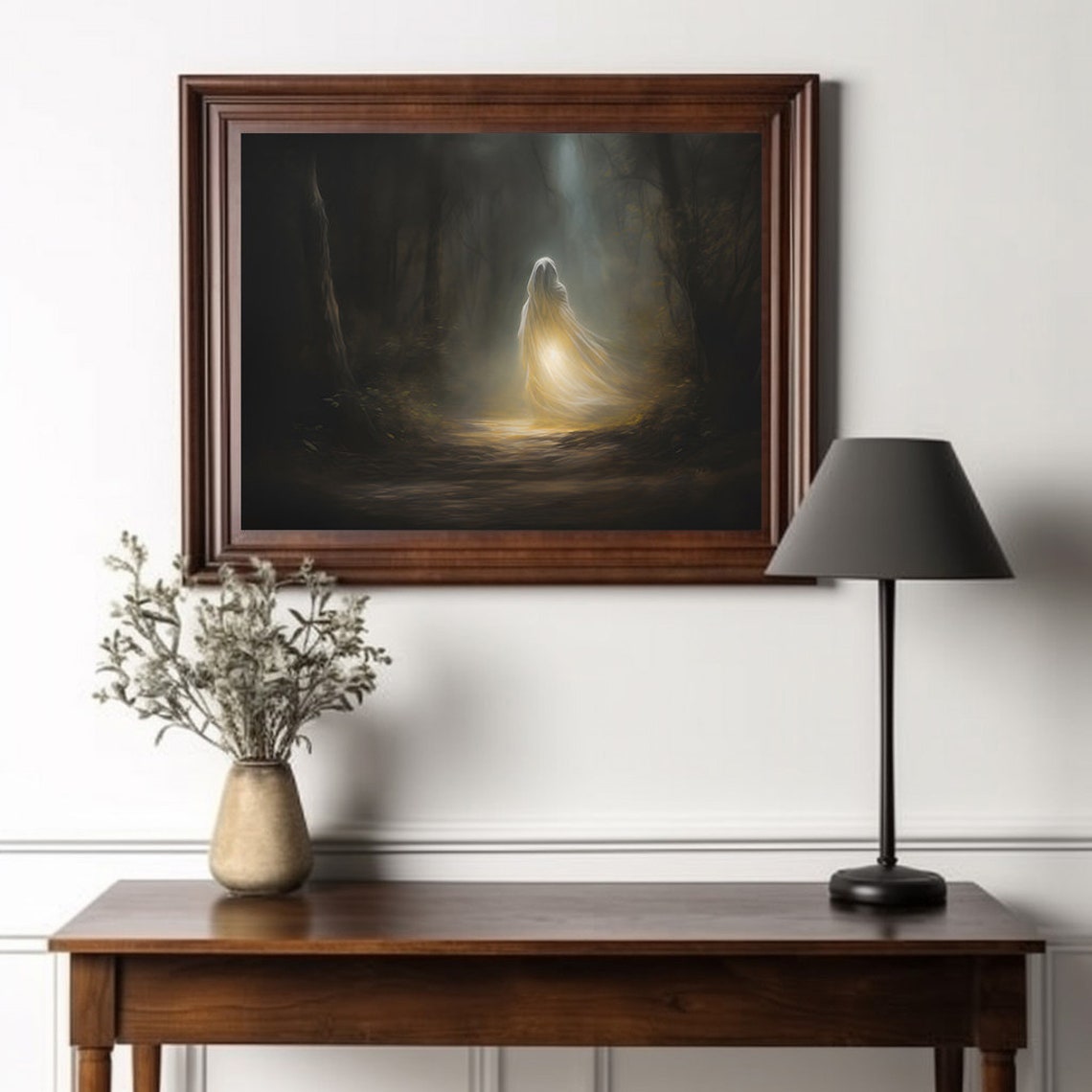 Glowing Ghost In Dark Forest Haunted Night Landscape Painting Poster - Image 2