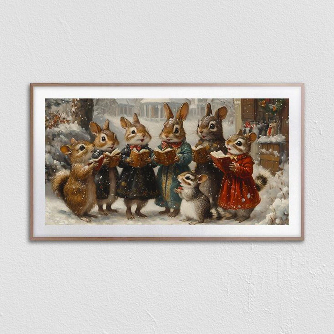 Cute Woodland Animals Christmas Caroling in Snow Vintage Style Poster - Image 3