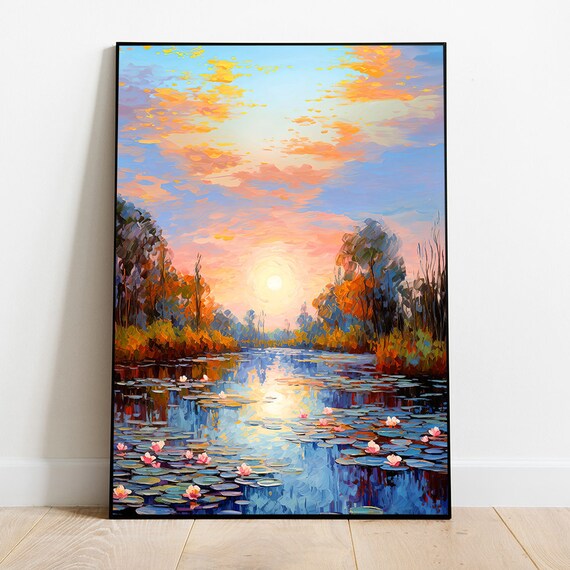 Sunset Over Lily Pond Impressionist Oil Painting with Pink Water Lilies Poster