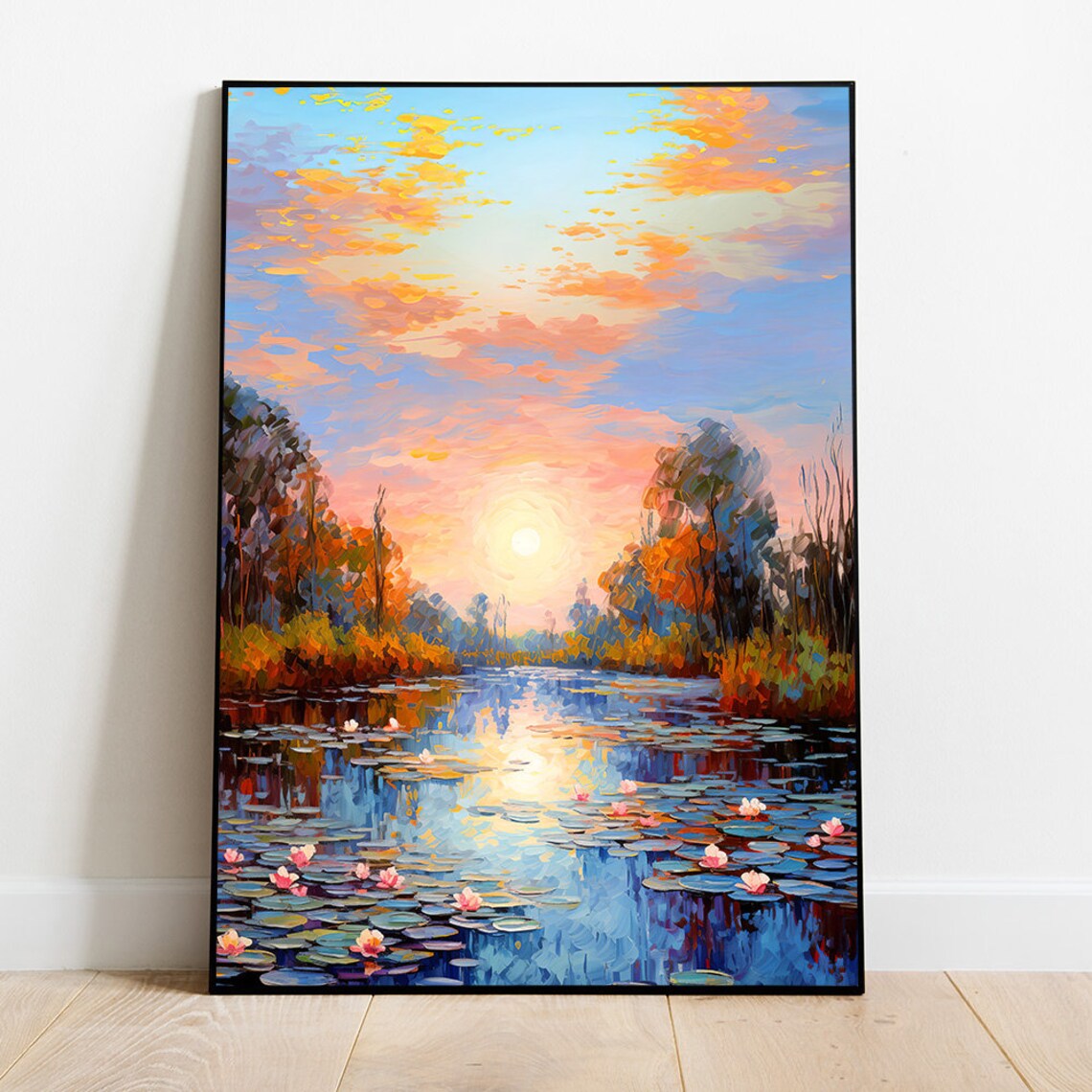 Sunset Over Lily Pond Impressionist Oil Painting with Pink Water Lilies Poster