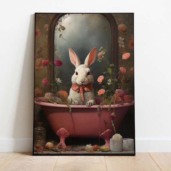 Quirky White Rabbit In Pink Clawfoot Bathtub With Roses Poster