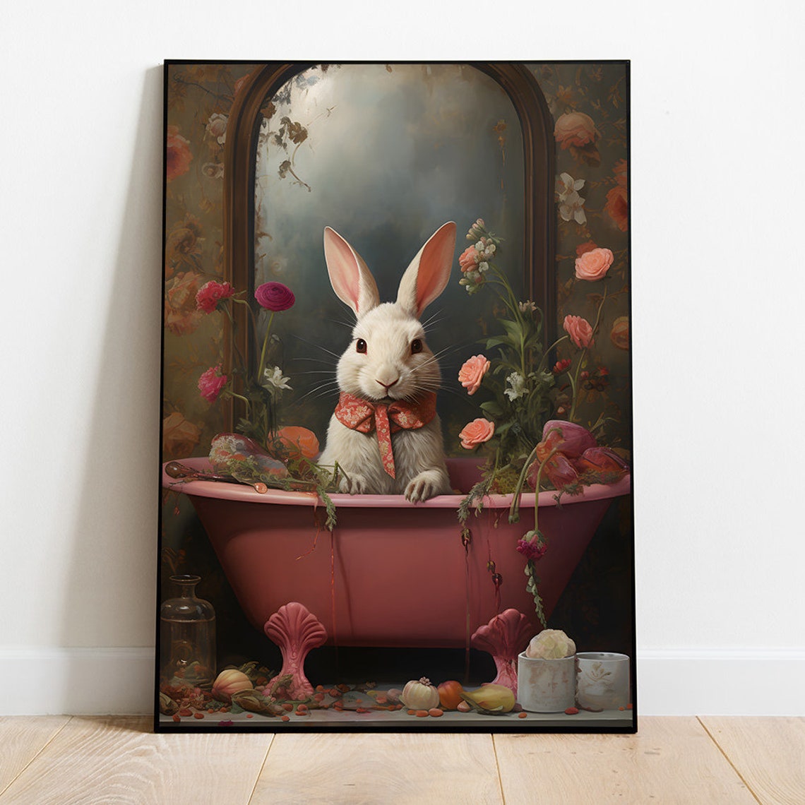 Quirky White Rabbit In Pink Clawfoot Bathtub With Roses Poster