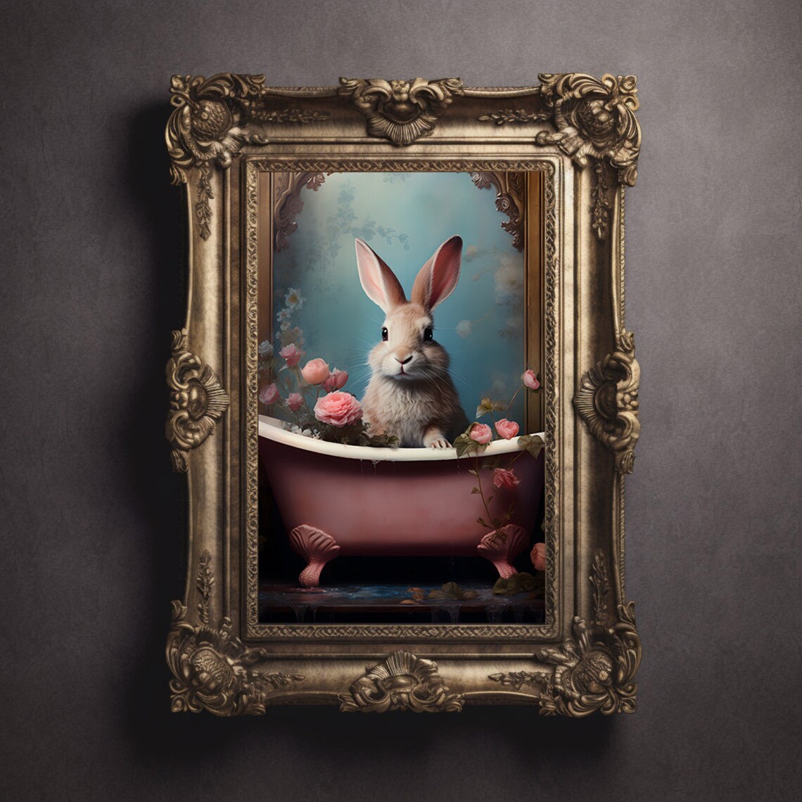 Bunny In Tub Bathroom Art Print With Flowers - Image 3