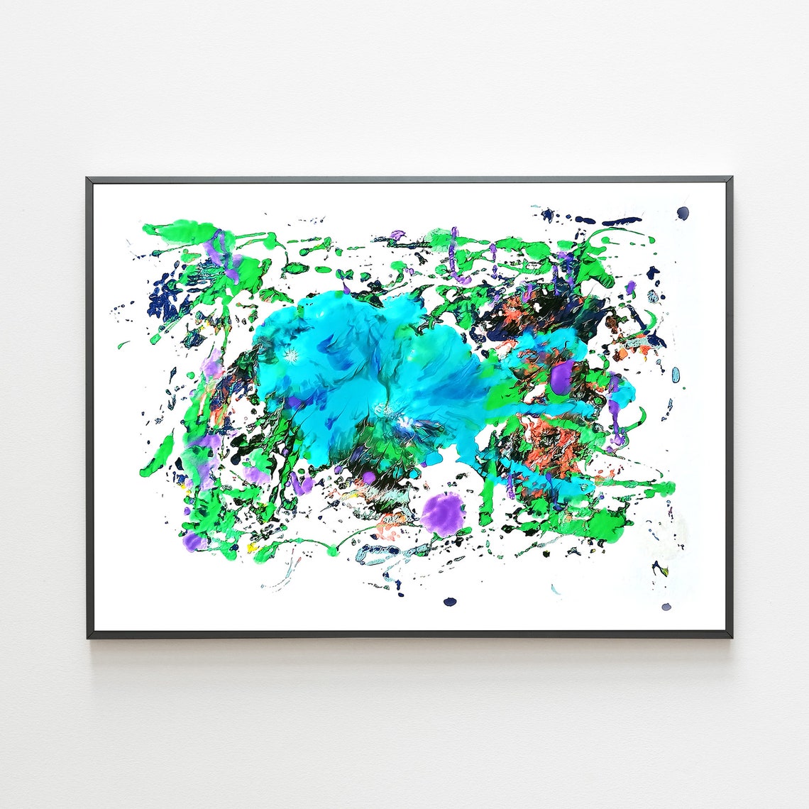 Turquoise Bloom Ink Splatter Abstract Green Purple Art Poster