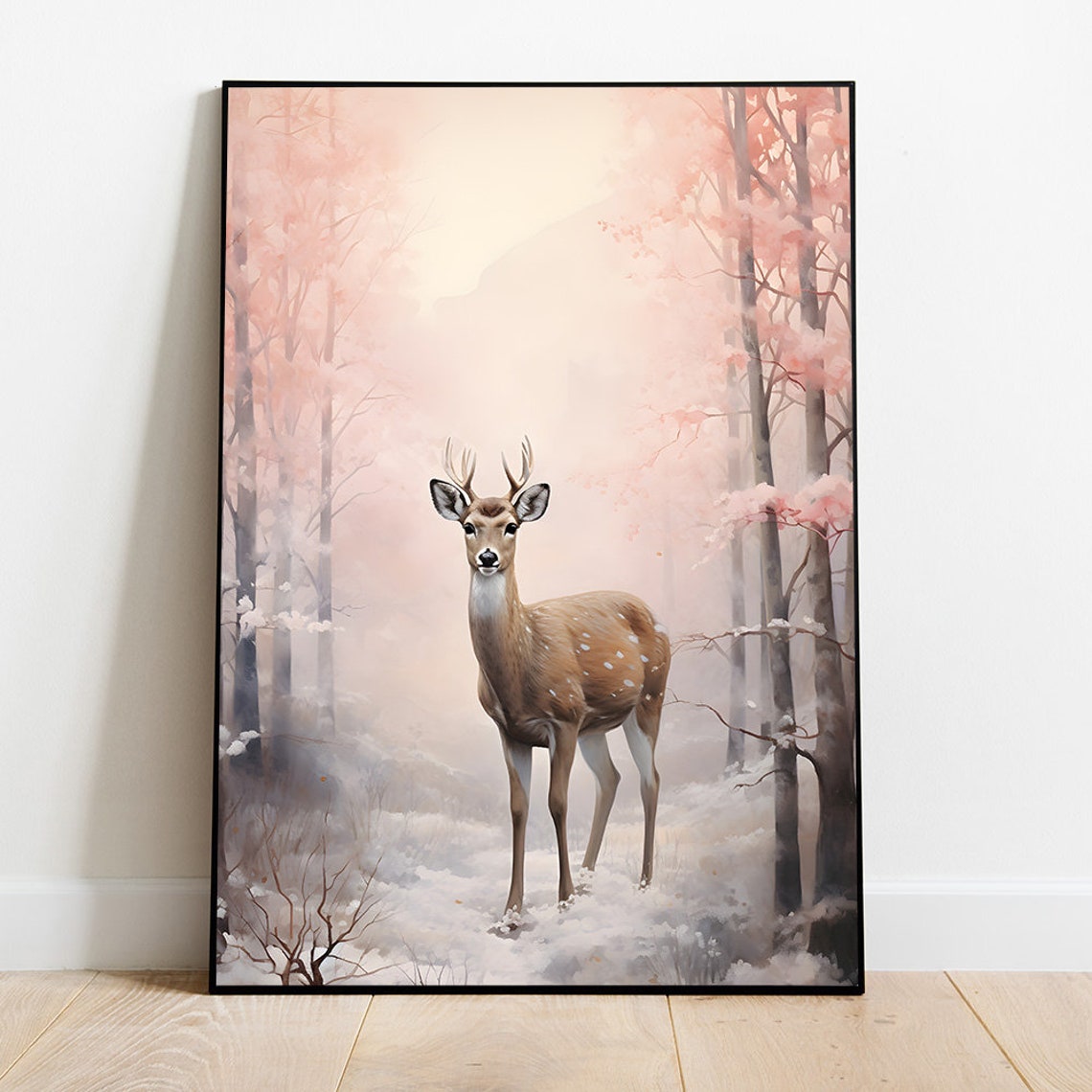 Spotted Deer Standing In Blush Pink Snowy Forest Watercolor Wall Art