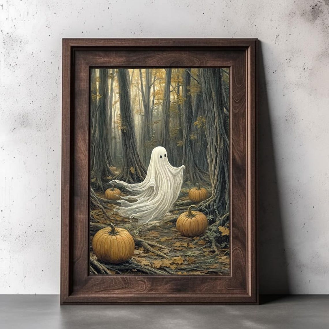 Cute White Ghost with Pumpkins in Dark Forest Halloween Poster - Image 2