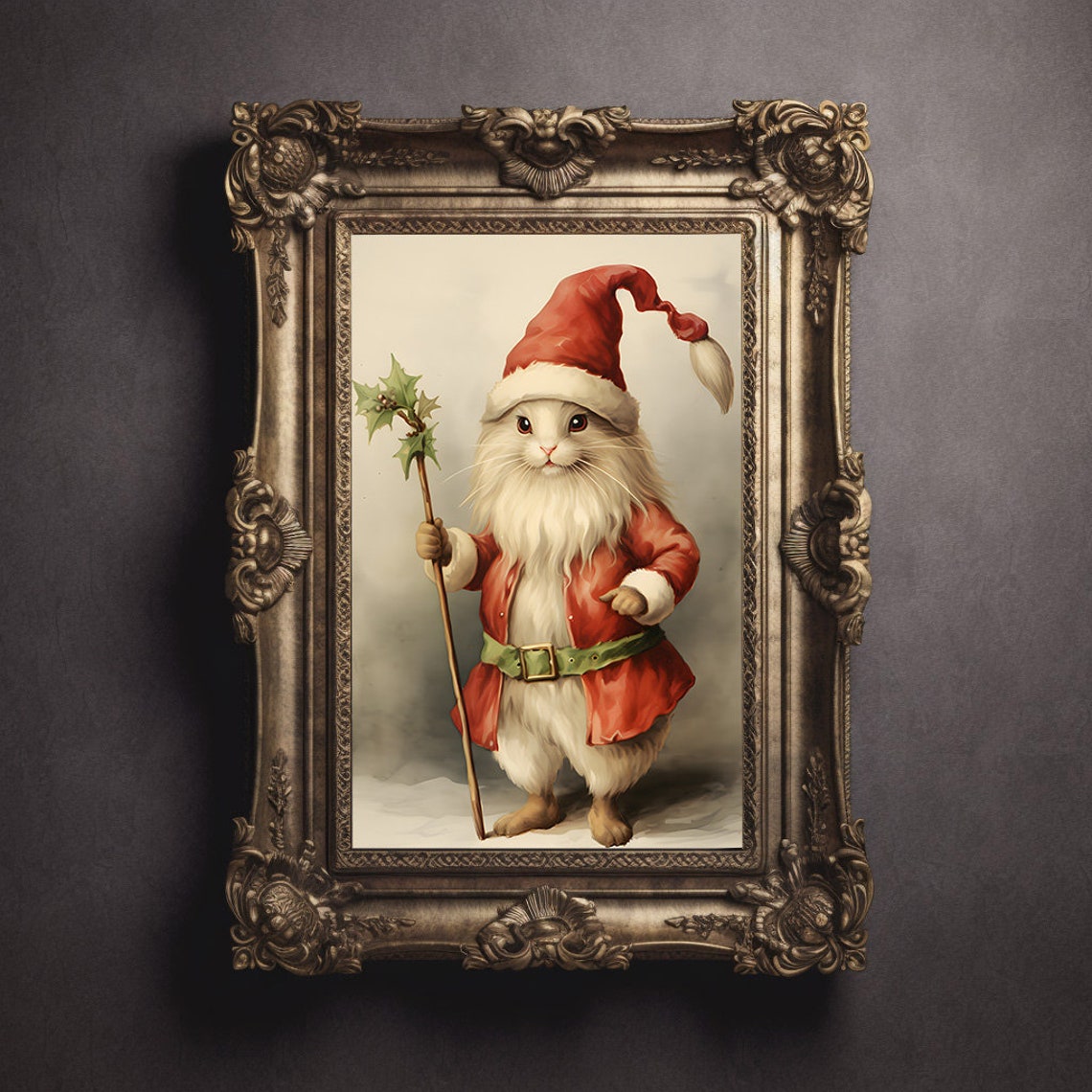 Whimsical Bunny Dressed As Santa Claus Holding Holly Staff Poster - Image 3