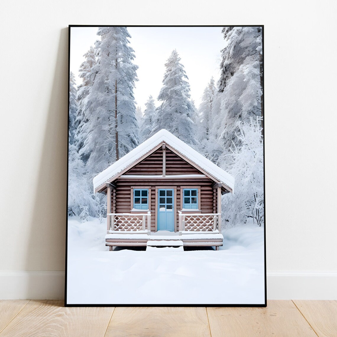 Snow Covered Cabin Blue Door Frosty Winter Landscape Scene Poster