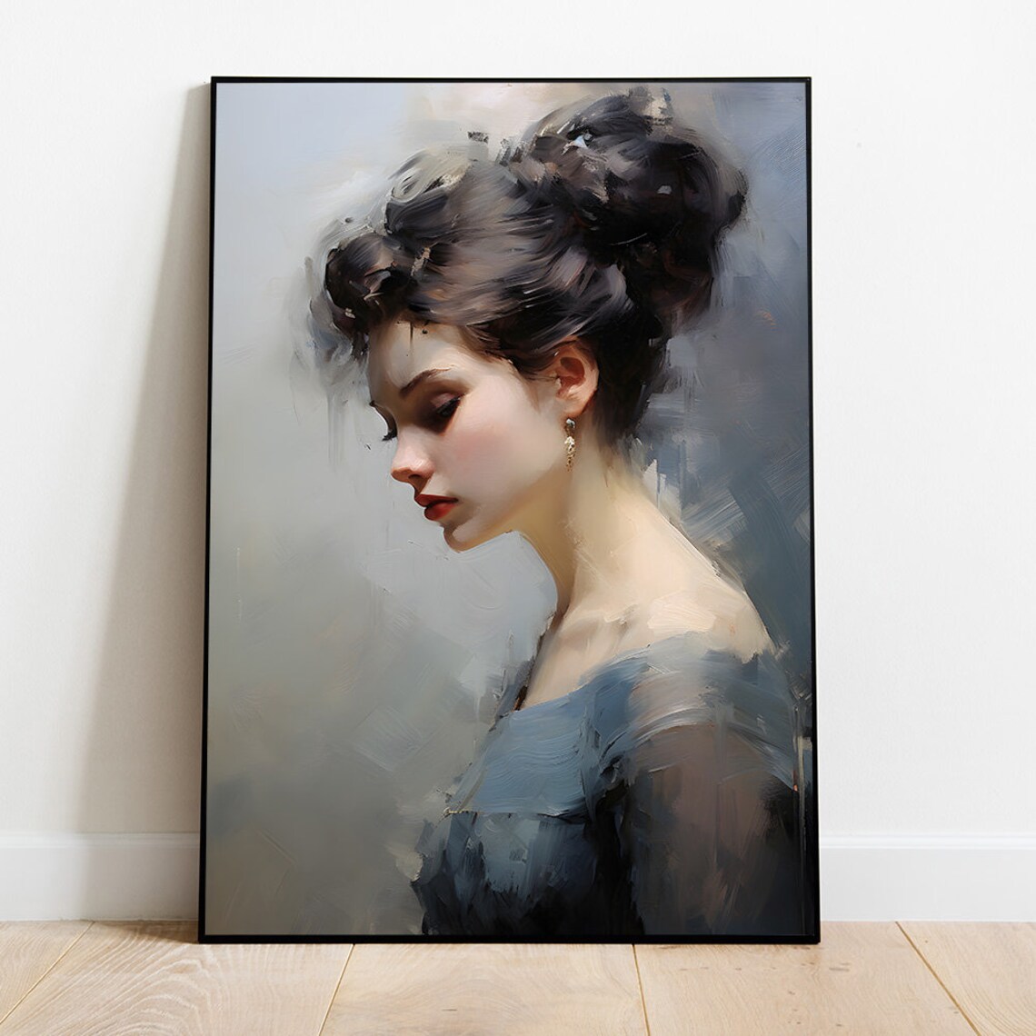 Elegant Moody Woman Profile Dark Hair Grey Palette Oil Poster