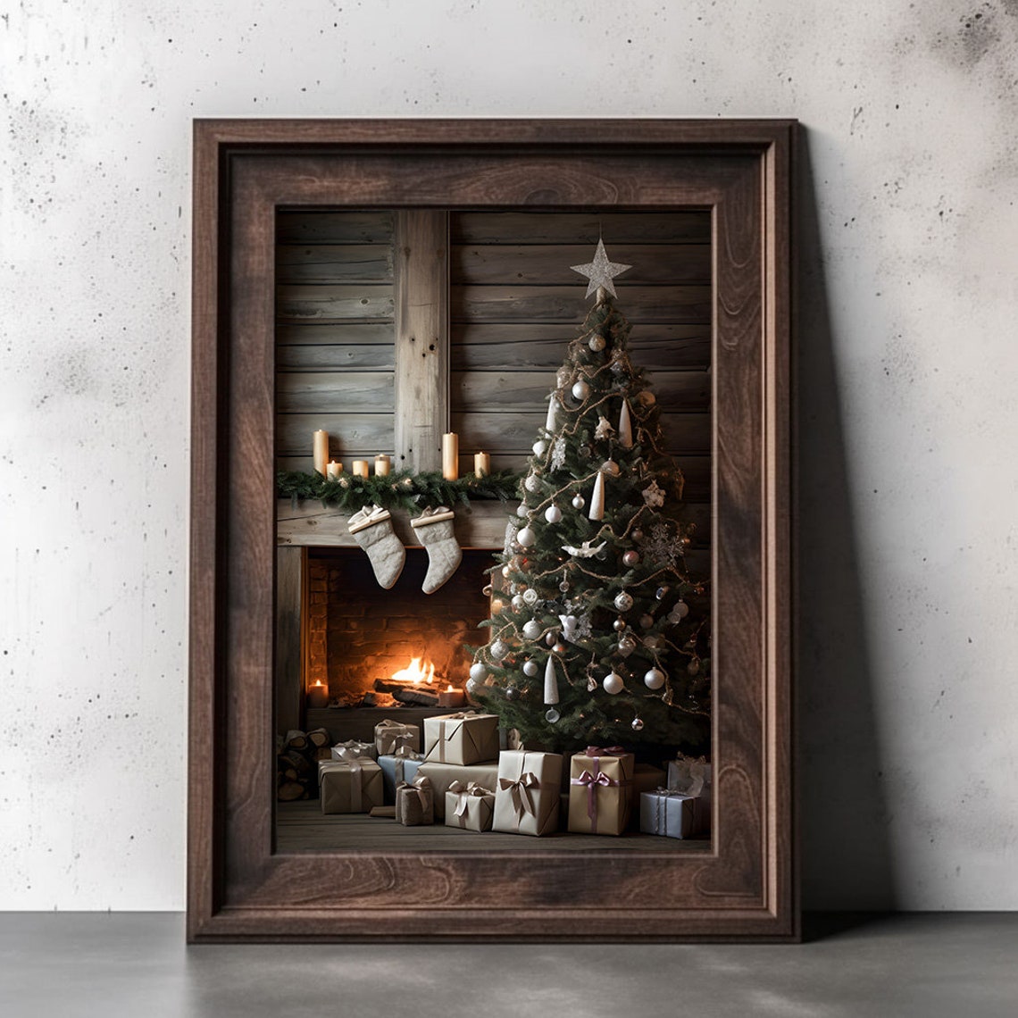 Cozy Cabin Christmas Fireplace Scene With Tree And Gifts Poster - Image 3