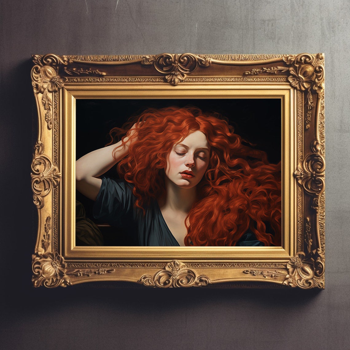 Dramatic Fiery Redhead Woman Portrait Dark Chiaroscuro Poster - Image 3