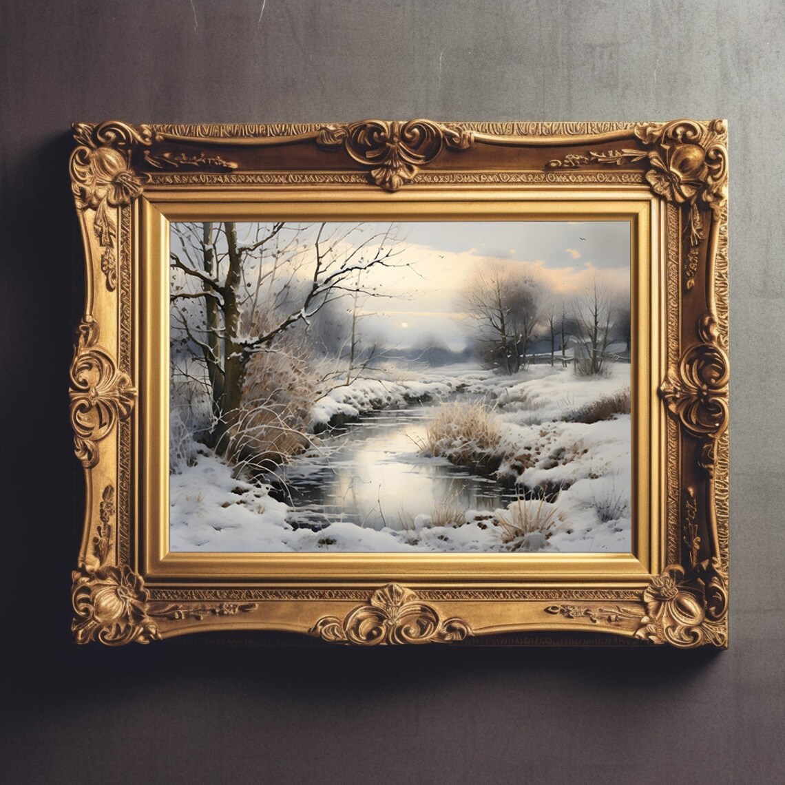 Snowy River Landscape At Dawn With Pale Sun Winter Watercolor Poster - Image 2