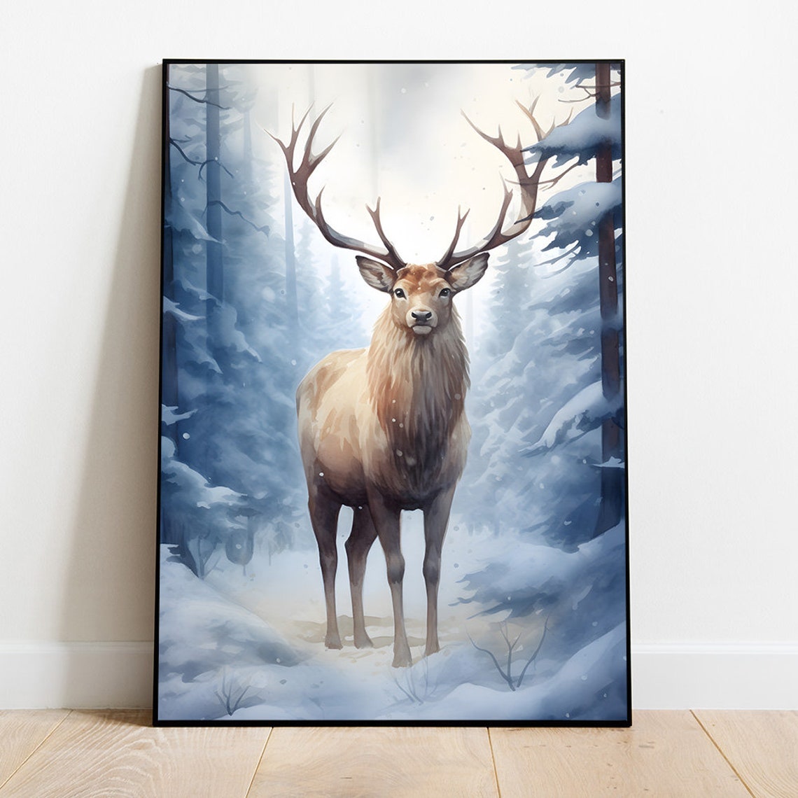 Majestic Stag With Antlers In Snowy Blue Winter Forest Poster