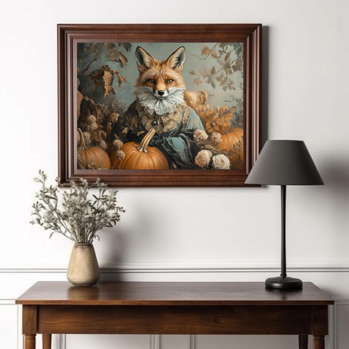Victorian Fox In Lace Ruff Dress Pumpkins Autumn Whimsical Art Poster - Image 2