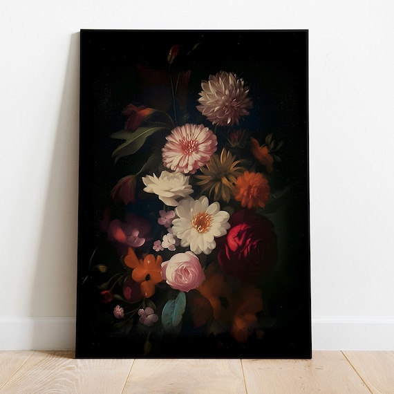Dark Flower Painting Moody Vintage Botanical Print Antique Floral Wall Art Stil Life Oil Painting Art Print