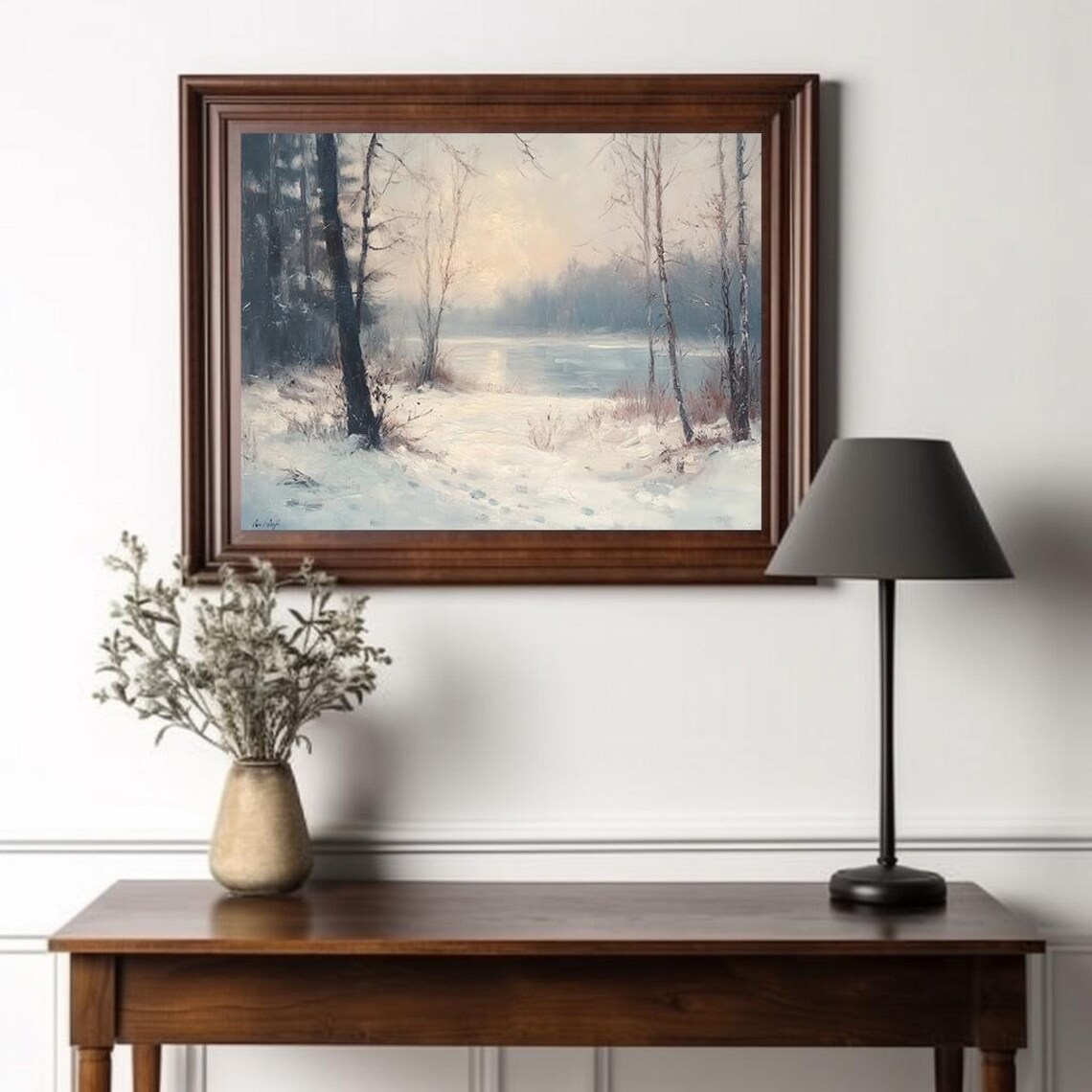Snowy Path Between Birch Trees to Frozen Lake Winter Dawn Painting Poster - Image 3