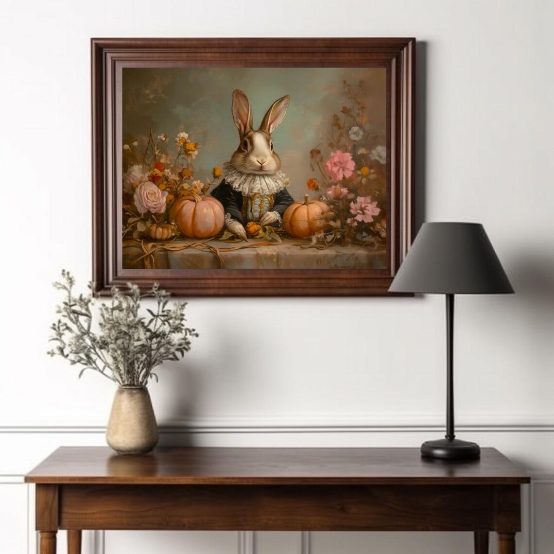 Pastel Harvest Pumpkins Painting, Renaissance Rabbit - Image 2