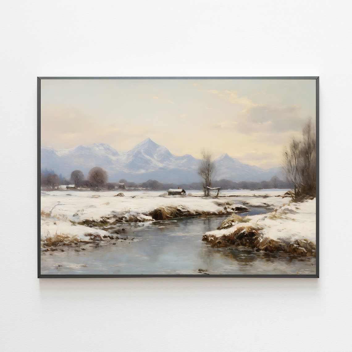 Alpine Snow Mountain River Valley Peaceful Winter Landscape Poster