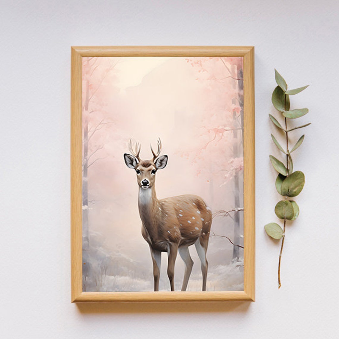 Spotted Deer Standing In Blush Pink Snowy Forest Watercolor Wall Art - Image 2