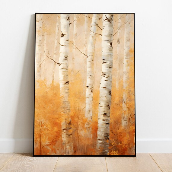 Golden Birch Tree Trunks Autumn Foliage Close Up Nature Print