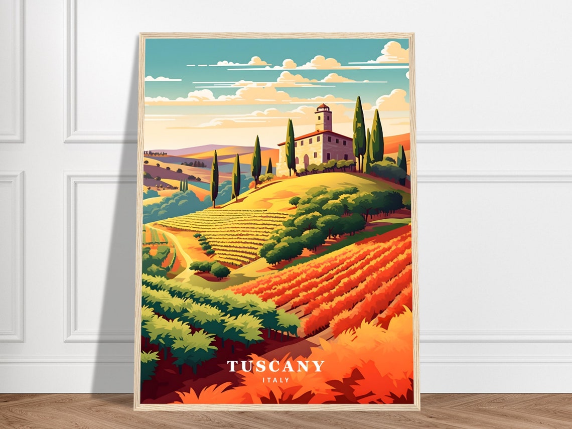 Tuscany Italy Travel Vineyard Hills Cypress Trees Villa Poster