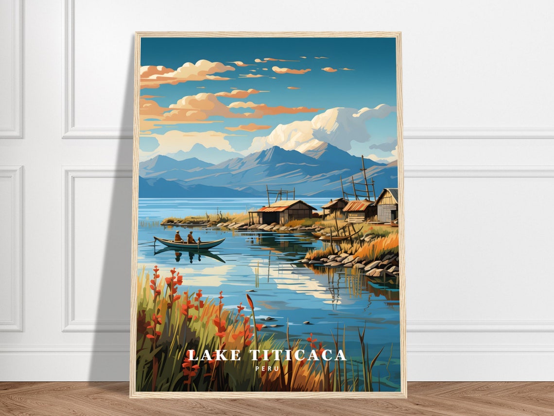 Lake Titicaca Peru Mountain Village Canoe Retro Travel Poster