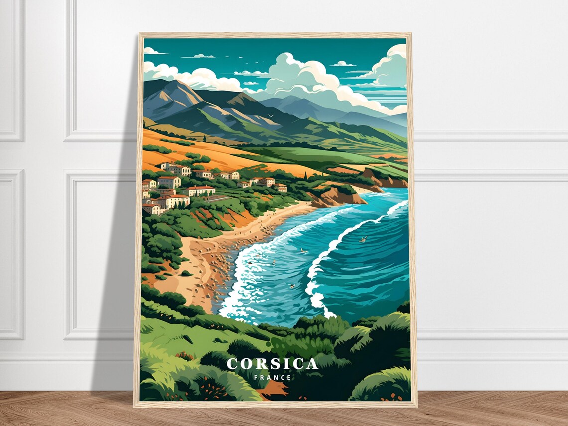 Corsica France Coastal Village Waves Mountains Vintage Travel Poster