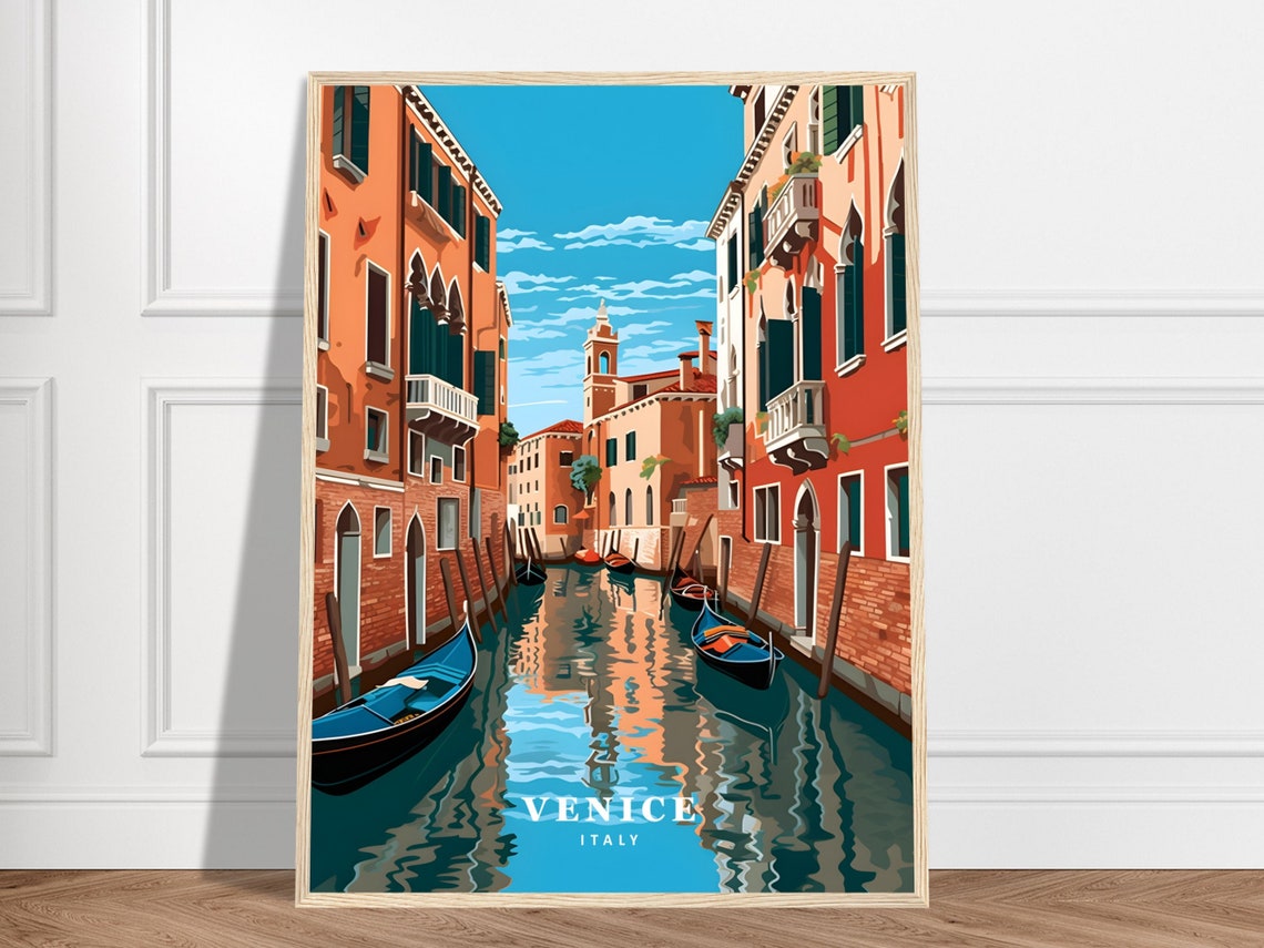 Venice Italy Travel Canal With Gondolas Colorful Waterfront Poster