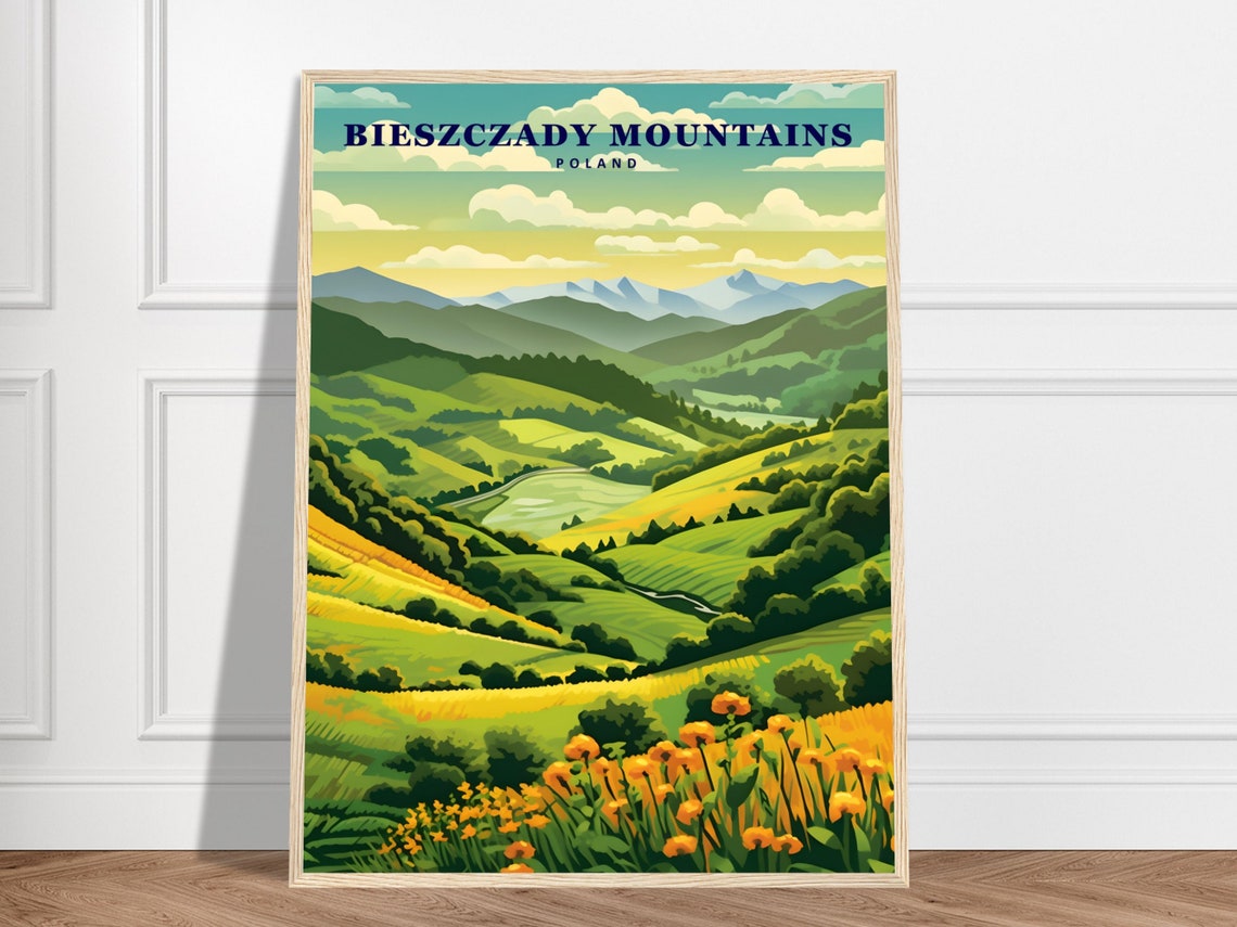 Bieszczady Mountains Poland Rolling Green Hills Vintage Travel Poster
