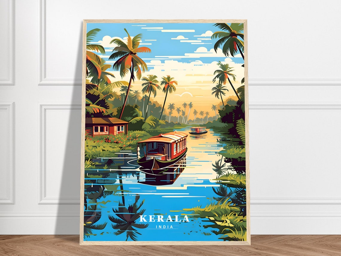 Kerala India Backwater Houseboat Palm Trees Vintage Travel Poster