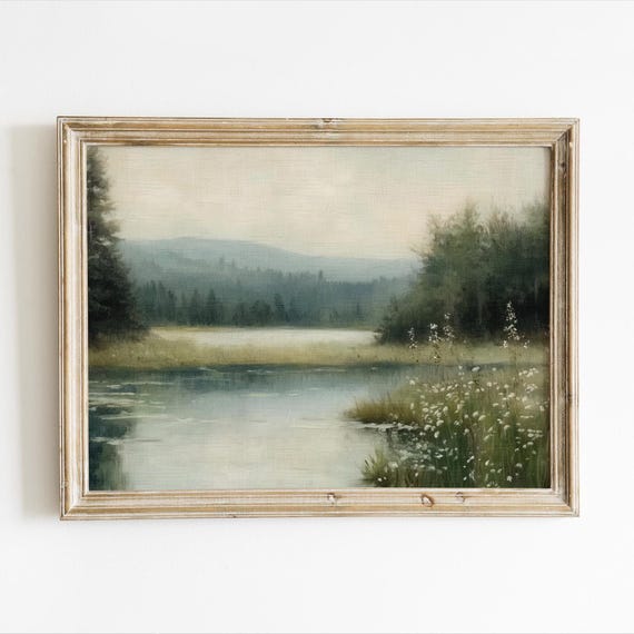 Tranquil Forest Lake Landscape, Vintage Nature Scene