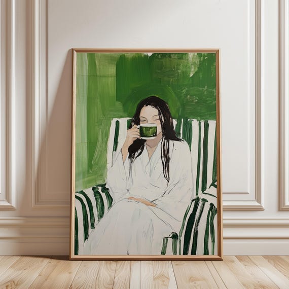 Green Minimalist Feminine Art Print Relaxing Coffee Moment Contemporary Artwork Minimalist Print Coffee Lover Wall Art Stripe Woman