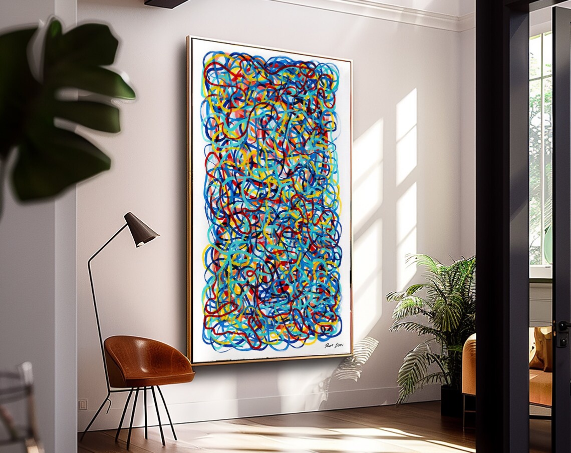 Tall Narrow Blue Red And Yellow Line Art Painting By Ron Deri Poster