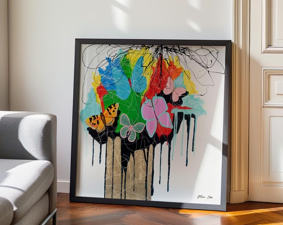 Colorful Butterflies Wall Art Large Square Apartment Decor Abstract Original Art Painting Paper Print Butterfly Painting Gold Leaf Art