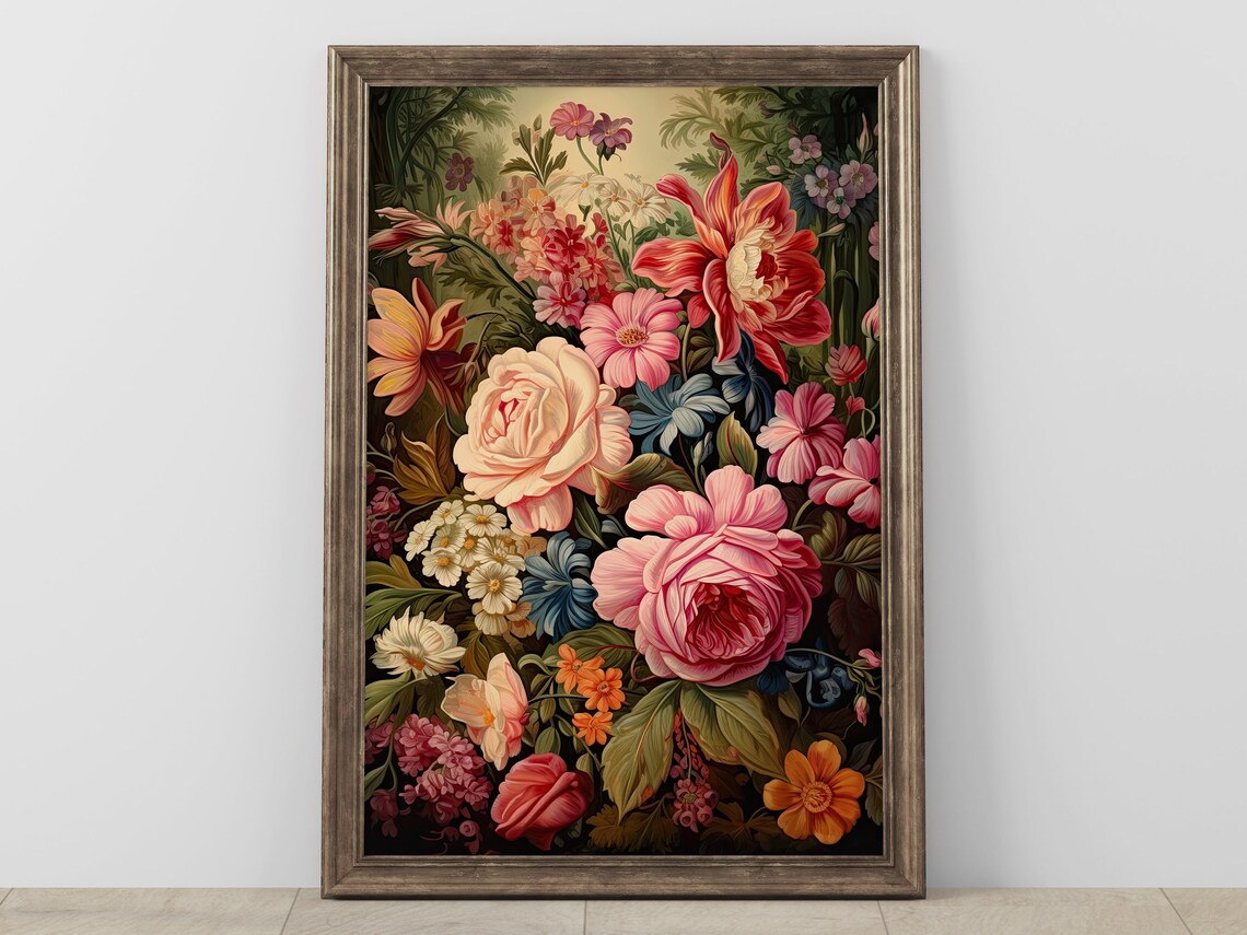 Vintage Dark Floral Botanical Oil Painting Roses Bouquet Poster