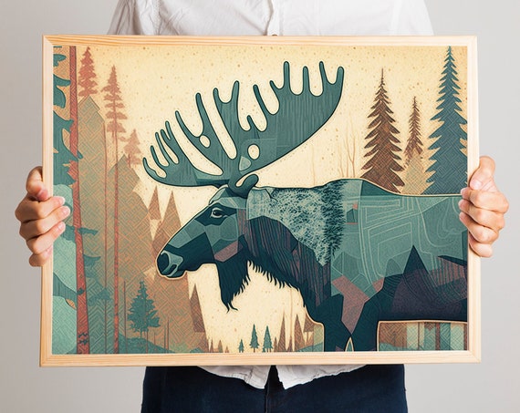 Vintage Moose Art Print, Rustic Cabin Decor