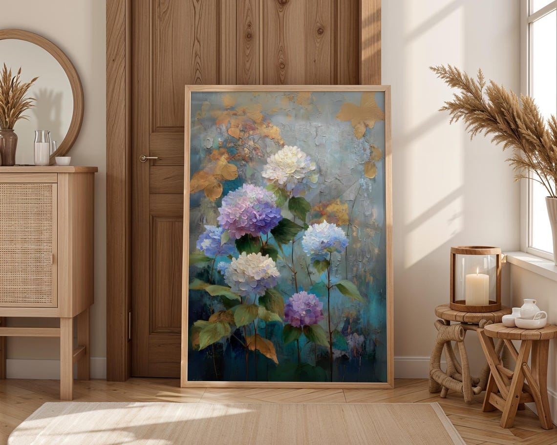Impressionist Hydrangea Garden Blue Purple Floral Painting Art Print