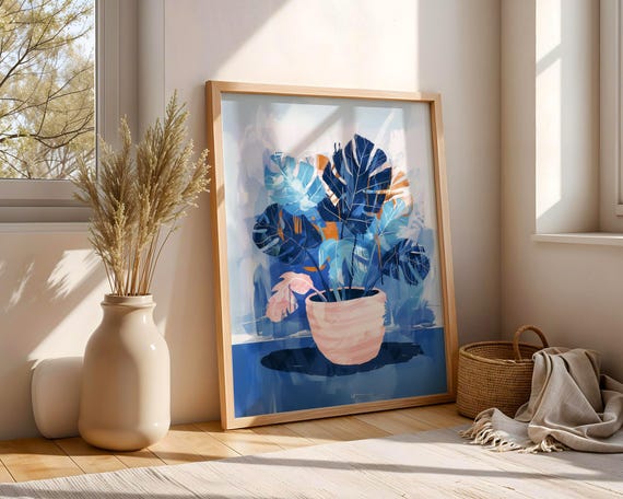 Abstract Plant Wall Art Print Matisse Inspired Botanical Decor Blue Monstera Canvas Or Modern Home Poster