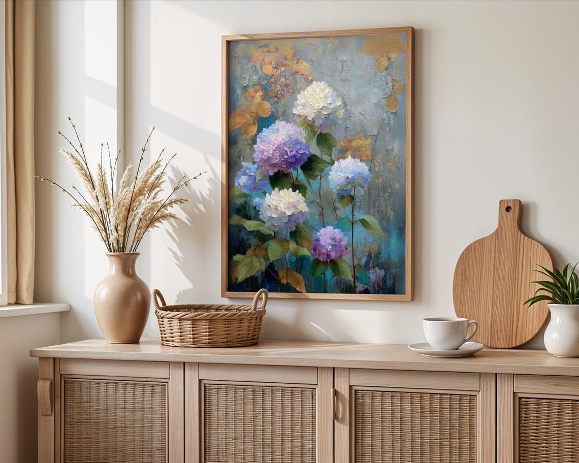 Impressionist Lavender and White Hydrangea Garden Floral Poster