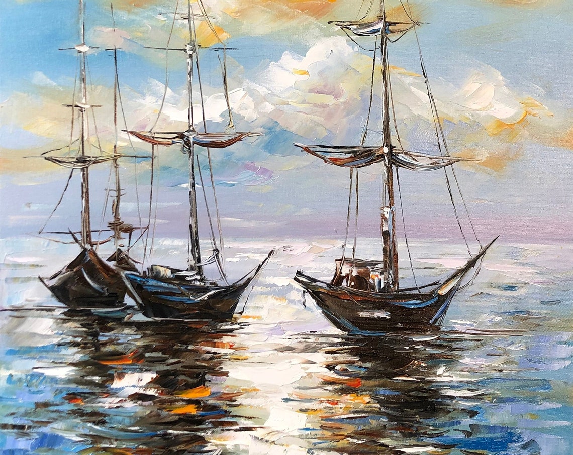 Sail Boat At Sea Oil Painting Original Sailboats Painting Sailing Wall Art Custom Boat Painting On Colorful Sunset Boats Art - Image 3